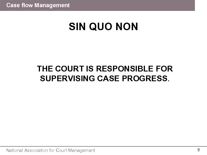 Case flow Management SIN QUO NON THE COURT IS RESPONSIBLE FOR SUPERVISING CASE PROGRESS.
