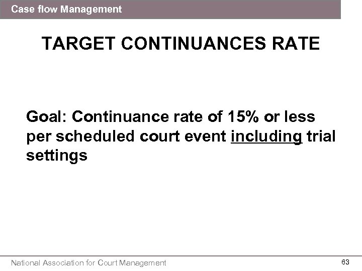 Case flow Management TARGET CONTINUANCES RATE Goal: Continuance rate of 15% or less per