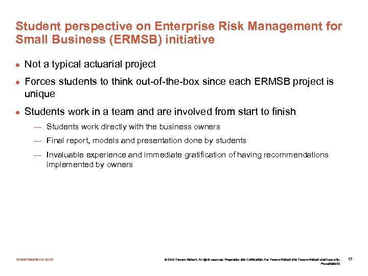 Student perspective on Enterprise Risk Management for Small Business (ERMSB) initiative l l l