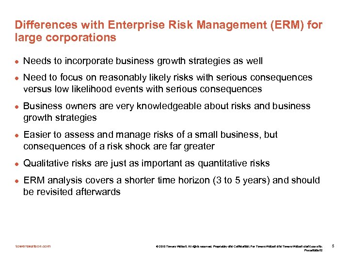 Differences with Enterprise Risk Management (ERM) for large corporations l l l Needs to