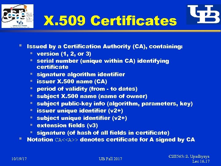 X. 509 Certificates § § 10/19/17 Issued by a Certification Authority (CA), containing: §