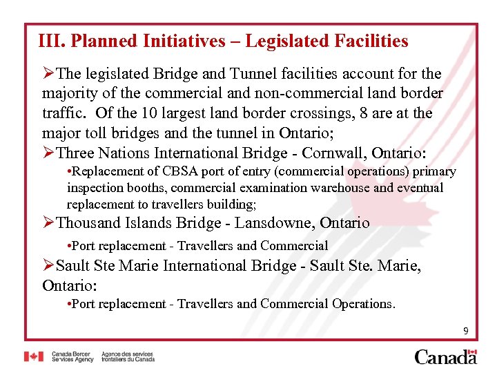 III. Planned Initiatives – Legislated Facilities ØThe legislated Bridge and Tunnel facilities account for