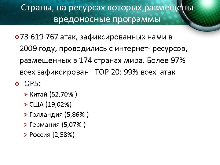 Страны, на ресурсах которых размещены вредоносные программы v 73 619 767 атак, зафиксированных нами