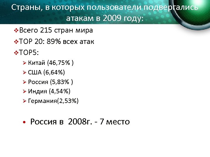 Страны, в которых пользователи подвергались атакам в 2009 году: v. Всего 215 стран мира