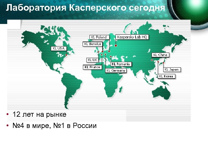 Лаборатория Касперского сегодня • 12 лет на рынке • № 4 в мире, №