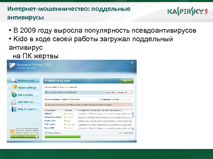 Интернет-мошенничество: поддельные антивирусы • В 2009 году выросла популярность псевдоантивирусов • Kido в ходе