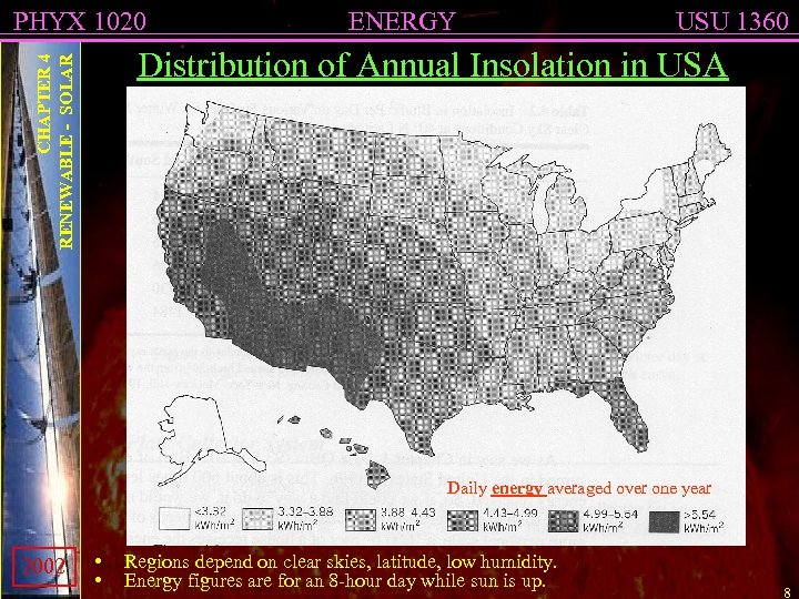 PHYX 1020 ENERGY USU 1360 CHAPTER 4 RENEWABLE - SOLAR Distribution of Annual Insolation