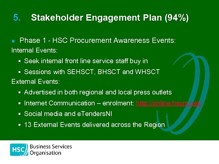 5. l Stakeholder Engagement Plan (94%) Phase 1 - HSC Procurement Awareness Events: Internal