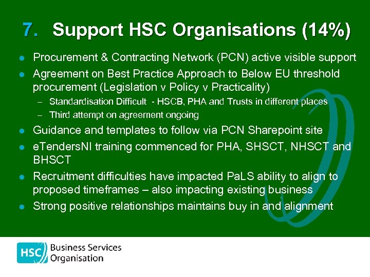 7. Support HSC Organisations (14%) l l Procurement & Contracting Network (PCN) active visible