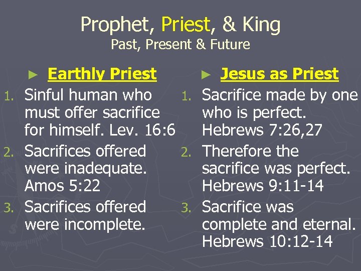 Prophet, Priest, & King Past, Present & Future Earthly Priest Sinful human who 1.