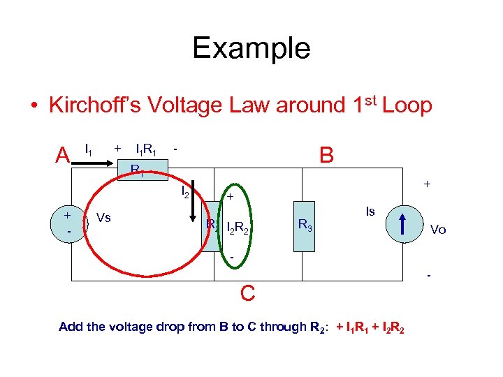 Example • Kirchoff’s Voltage Law around 1 st Loop A I 1 + I