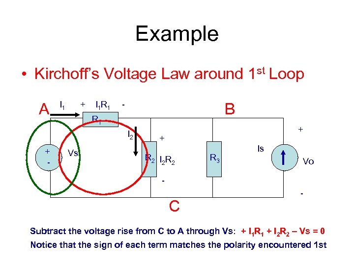 Example • Kirchoff’s Voltage Law around 1 st Loop A I 1 + I