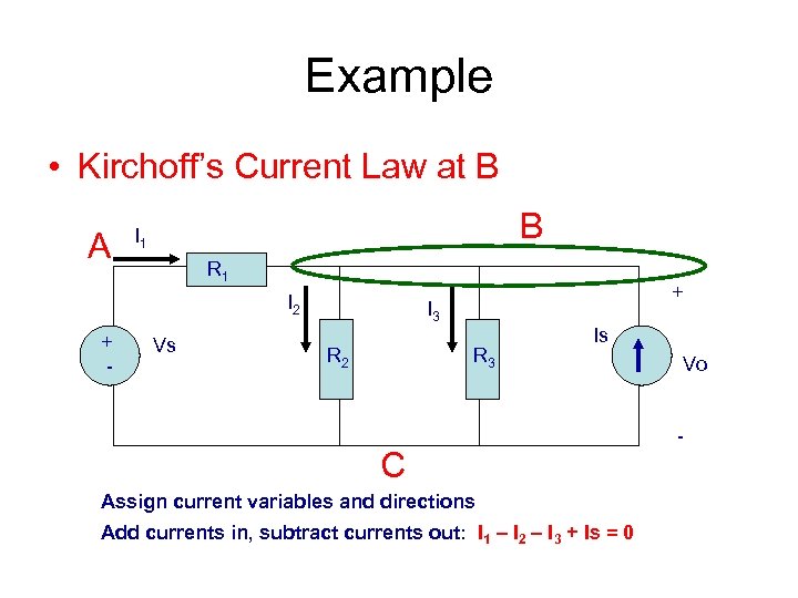 Example • Kirchoff’s Current Law at B A B I 1 R 1 I