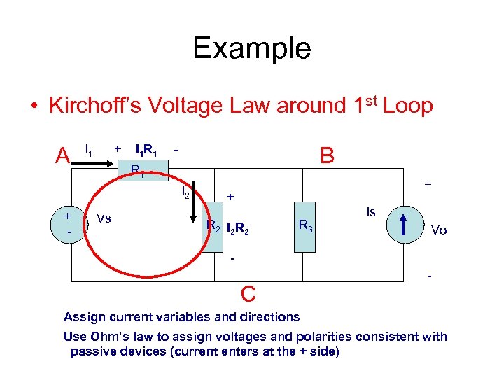 Example • Kirchoff’s Voltage Law around 1 st Loop A I 1 + I