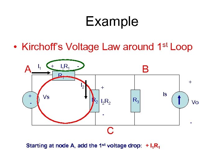Example • Kirchoff’s Voltage Law around 1 st Loop A I 1 + I