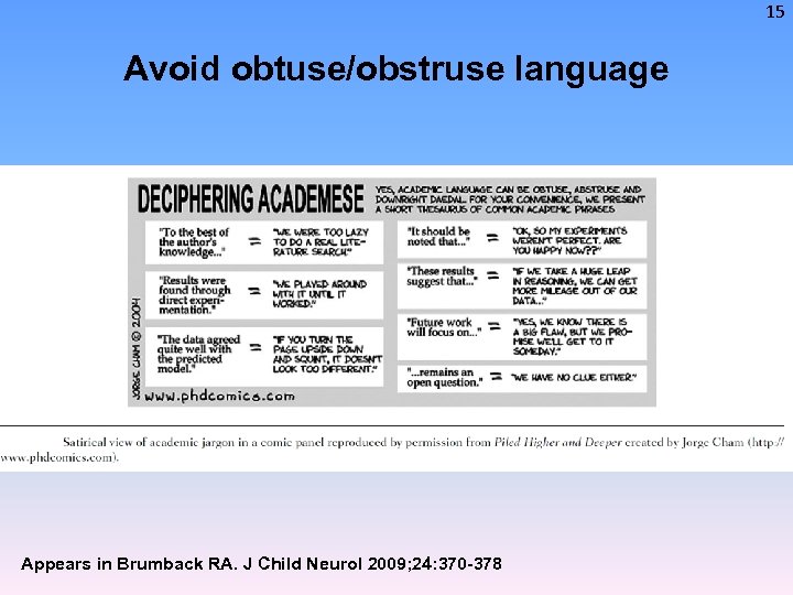 15 Avoid obtuse/obstruse language Appears in Brumback RA. J Child Neurol 2009; 24: 370