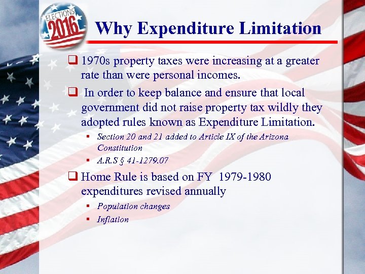 Why Expenditure Limitation q 1970 s property taxes were increasing at a greater rate