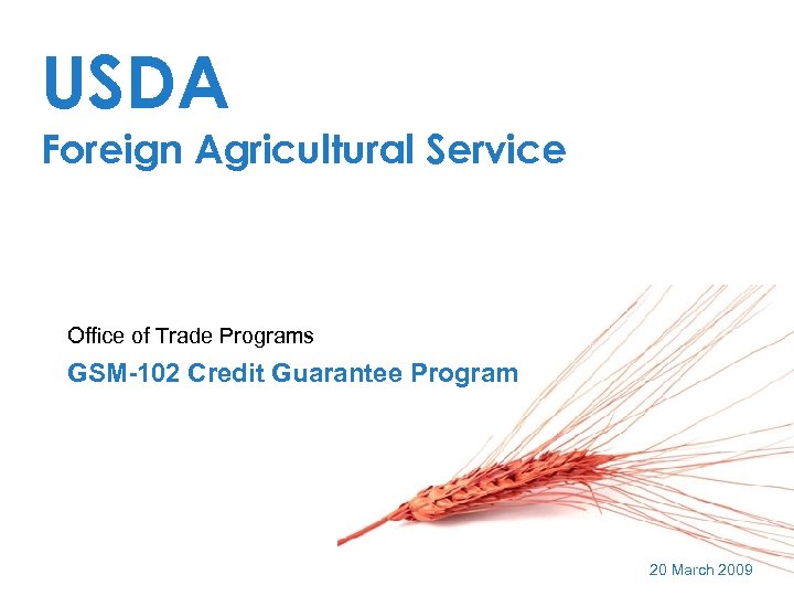 USDA Foreign Agricultural Service Office of Trade Programs GSM-102 Credit Guarantee Program 20 March