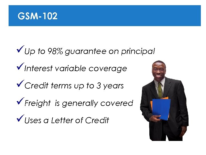 GSM-102 üUp to 98% guarantee on principal üInterest variable coverage üCredit terms up to