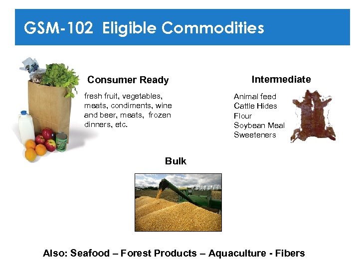 GSM-102 Eligible Commodities Consumer Ready fresh fruit, vegetables, meats, condiments, wine and beer, meats,