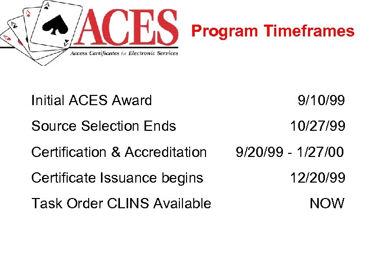 Program Timeframes Initial ACES Award Source Selection Ends 9/10/99 10/27/99 Certification & Accreditation 9/20/99