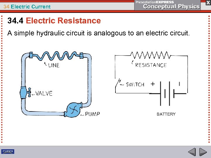 34 Electric Current 34. 4 Electric Resistance A simple hydraulic circuit is analogous to