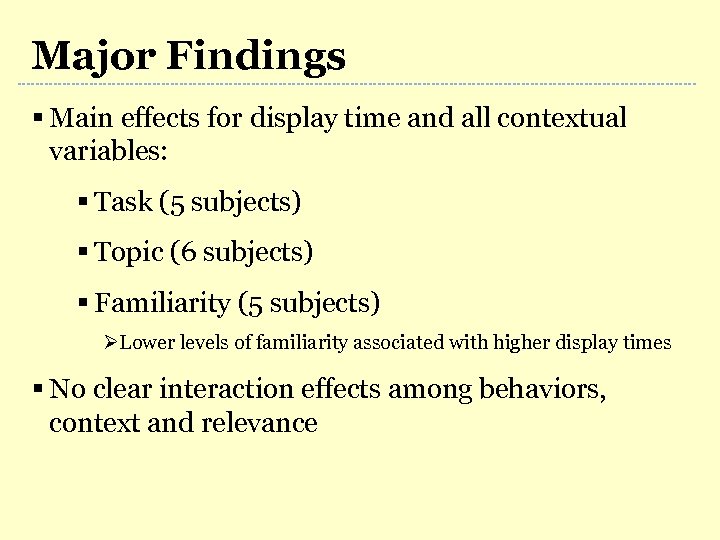 Major Findings § Main effects for display time and all contextual variables: § Task