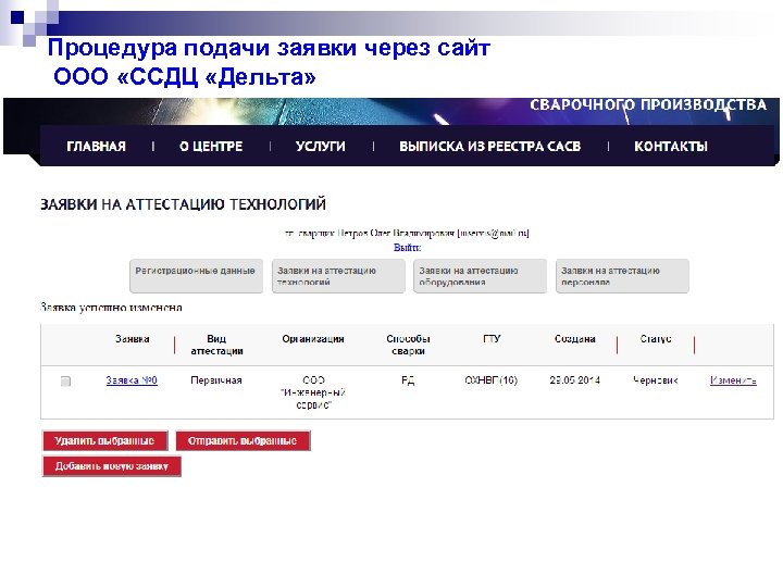 Процедура подачи заявки через сайт ООО «ССДЦ «Дельта» 