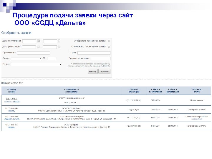 Процедура подачи заявки через сайт ООО «ССДЦ «Дельта» 