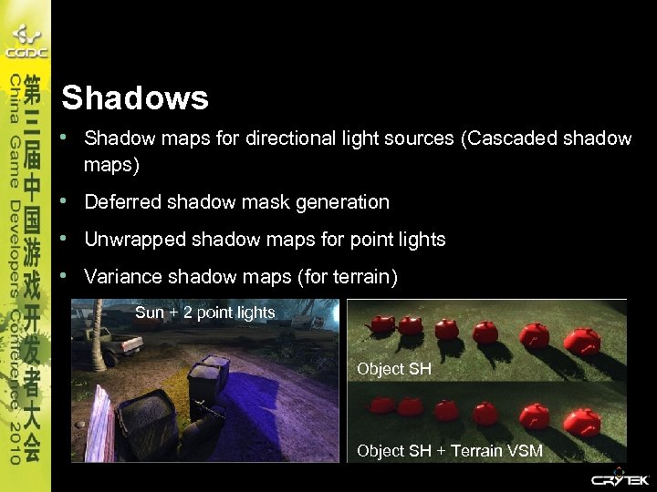 Shadows • Shadow maps for directional light sources (Cascaded shadow maps) • Deferred shadow