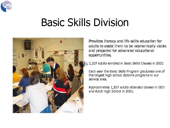 Basic Skills Division Provides literacy and life-skills education for adults to assist them to