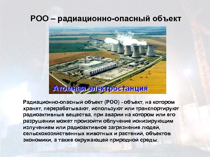 РОО – радиационно-опасный объект Радиационно-опасный объект (РОО) - объект, на котором хранят, перерабатывают, используют