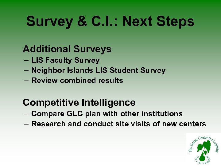 Survey & C. I. : Next Steps Additional Surveys – LIS Faculty Survey –