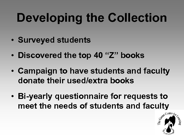 Developing the Collection • Surveyed students • Discovered the top 40 “Z” books •