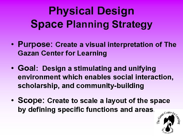 Physical Design Space Planning Strategy • Purpose: Create a visual interpretation of The Gazan