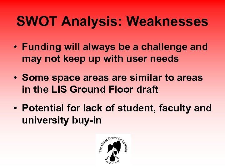 SWOT Analysis: Weaknesses • Funding will always be a challenge and may not keep