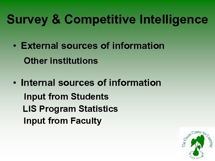 Survey & Competitive Intelligence • External sources of information Other institutions • Internal sources