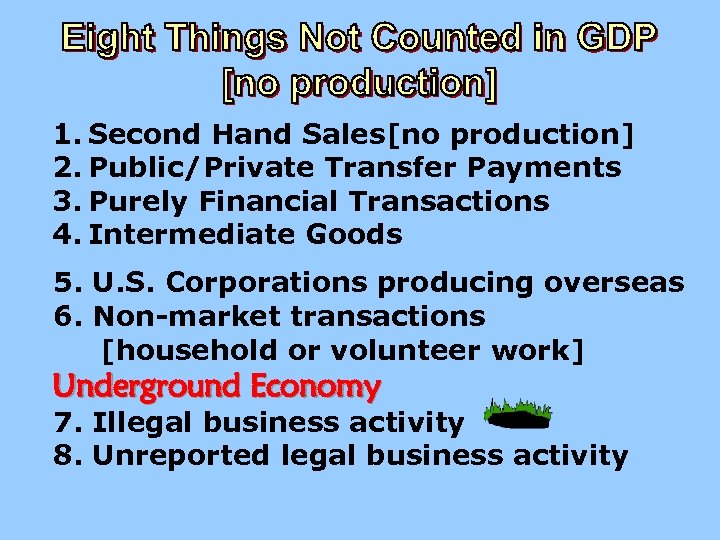 1. Second Hand Sales[no production] 2. Public/Private Transfer Payments 3. Purely Financial Transactions 4.