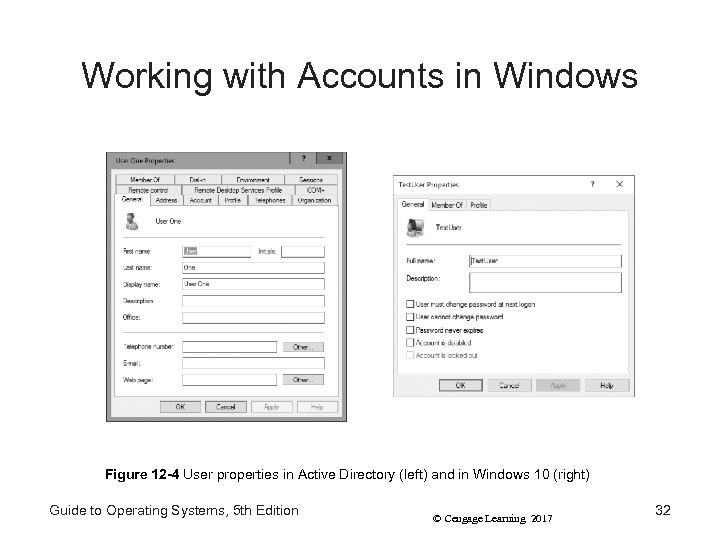 Working with Accounts in Windows Figure 12 -4 User properties in Active Directory (left)