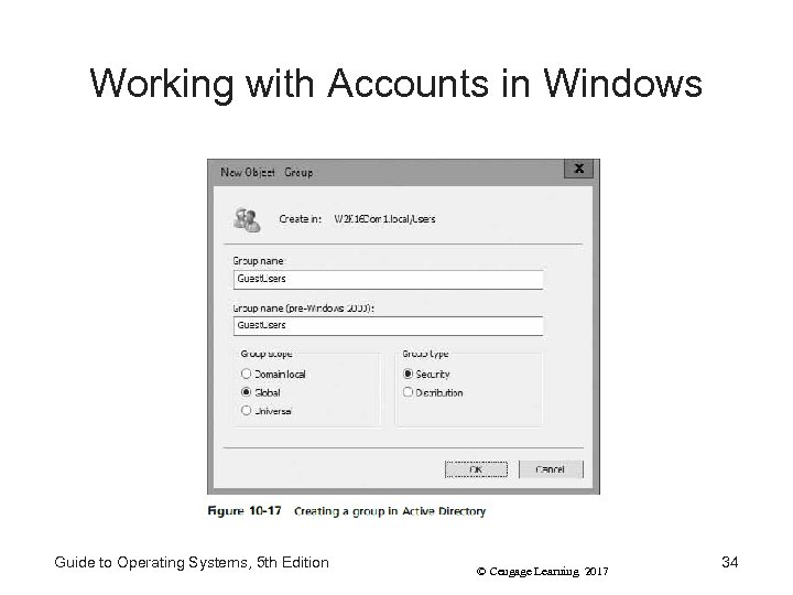 Working with Accounts in Windows Guide to Operating Systems, 5 th Edition © Cengage
