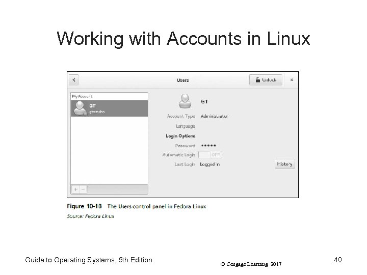Working with Accounts in Linux Guide to Operating Systems, 5 th Edition © Cengage