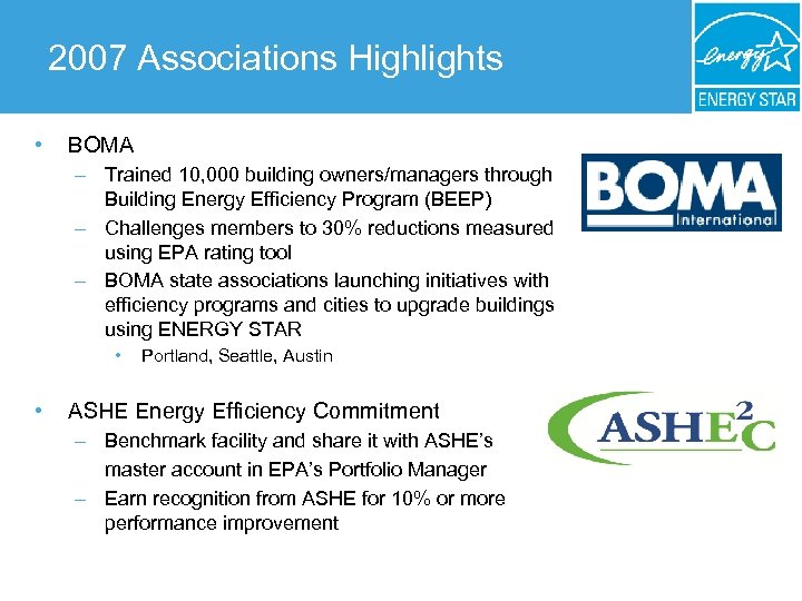 2007 Associations Highlights • BOMA – Trained 10, 000 building owners/managers through Building Energy