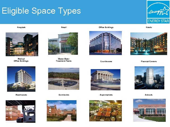 Eligible Space Types Hospitals Retail Office Buildings Hotels Medical Office Buildings Waste Water Treatment