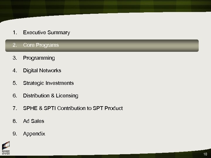 1. Executive Summary 2. Core Programs 3. Programming 4. Digital Networks 5. Strategic Investments