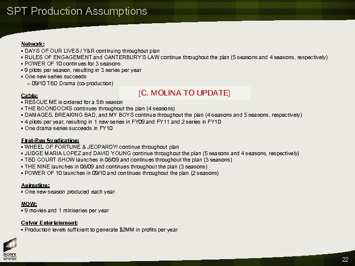 SPT Production Assumptions Network: • DAYS OF OUR LIVES / Y&R continuing throughout plan