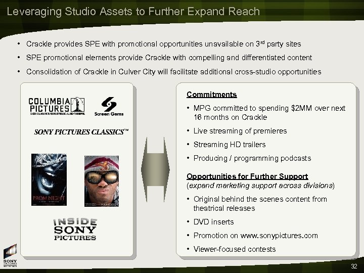 Leveraging Studio Assets to Further Expand Reach • Crackle provides SPE with promotional opportunities