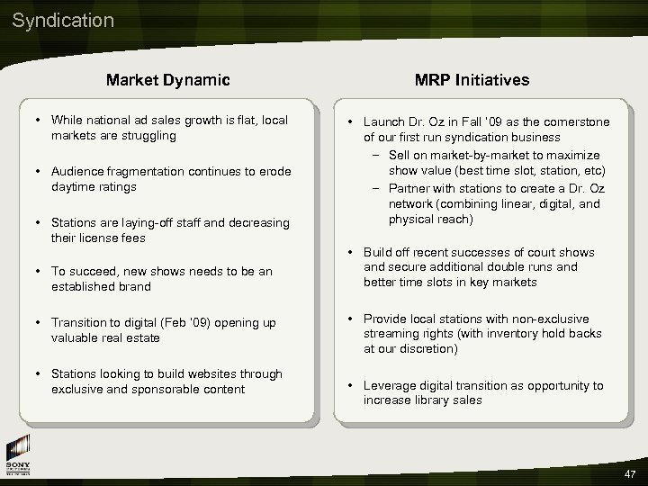 Syndication Market Dynamic • While national ad sales growth is flat, local markets are