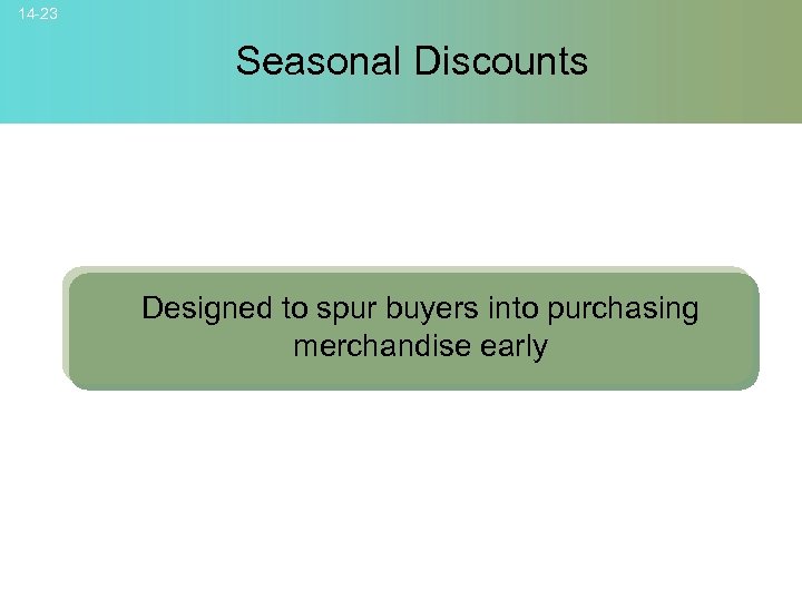 14 -23 Seasonal Discounts Designed to spur buyers into purchasing merchandise early © 2007