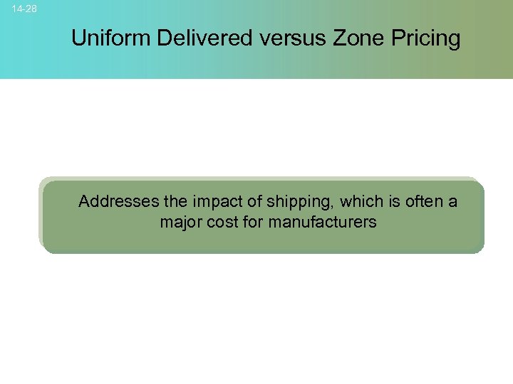 14 -28 Uniform Delivered versus Zone Pricing Addresses the impact of shipping, which is