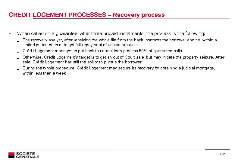 CREDIT LOGEMENT PROCESSES – Recovery process • When called on a guarantee, after three